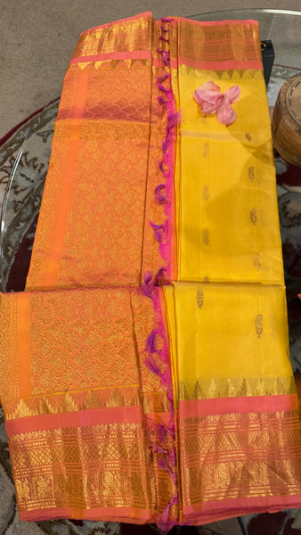 Yellow and Coral Pink Pure Silk Handloom Gadwal Saree