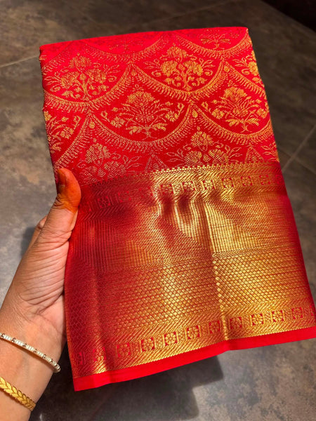 Pure Silk Kanjeevaram Saree in Red and Gold