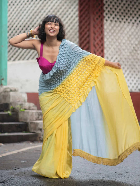 Grey and Yellow Mul Mul Cotton Saree with Hand Knots and Color Contrast