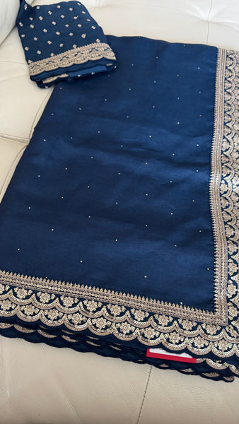 Midnight Blue Tussar Silk Saree with Zardosi Border