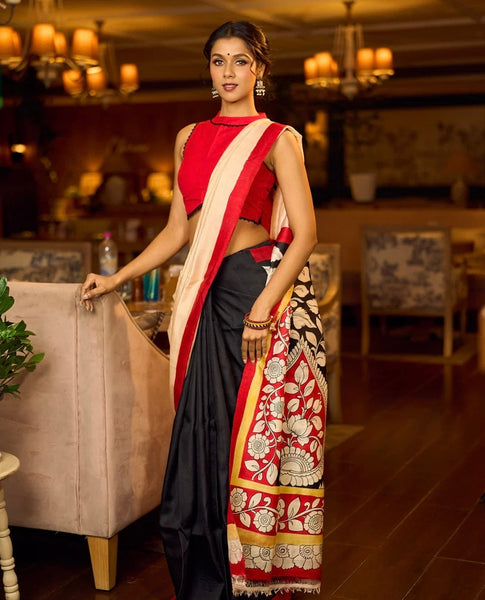 Black Pure Silk Saree with Red & Ivory Kalamkari Floral Border
