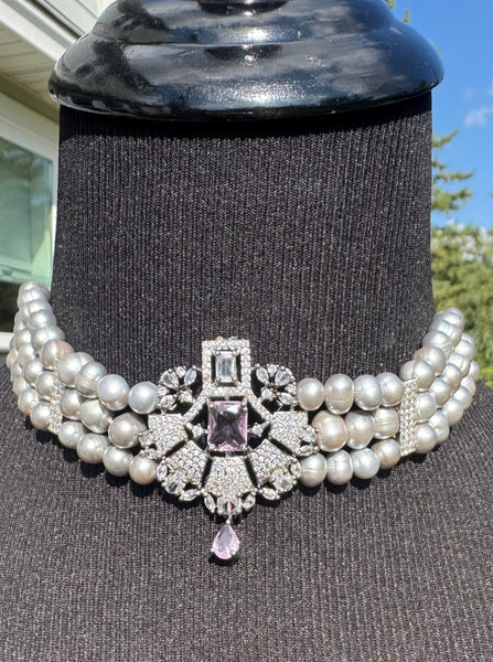 Natural Freshwater Gray Real Pearl Set with CZ and Pinkish Lavender Stone