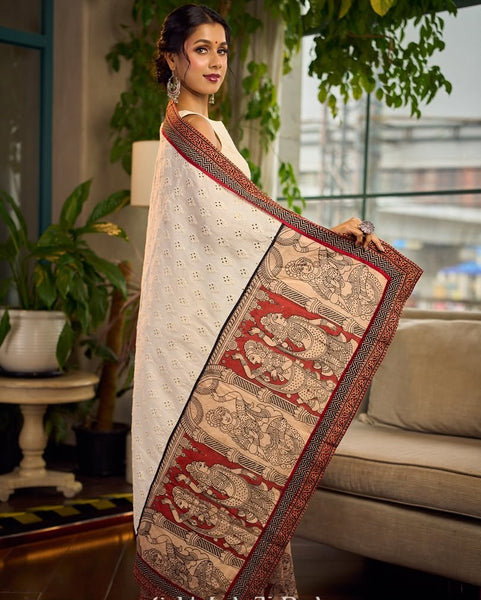 White Hakoba Cotton Saree with Rust-Red Kalamkari Print & Ajrakh Chevron Border