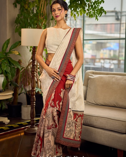 White Hakoba Cotton Saree with Rust-Red Kalamkari Print & Ajrakh Chevron Border
