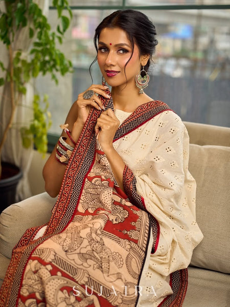 White Hakoba Cotton Saree with Rust-Red Kalamkari Print & Ajrakh Chevron Border