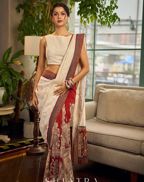 White Hakoba Cotton Saree with Rust-Red Kalamkari Print & Ajrakh Chevron Border