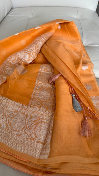 Peach Orangish and Silver Pure Handwoven Khaddi Banarasi Chiffon Georgette Saree