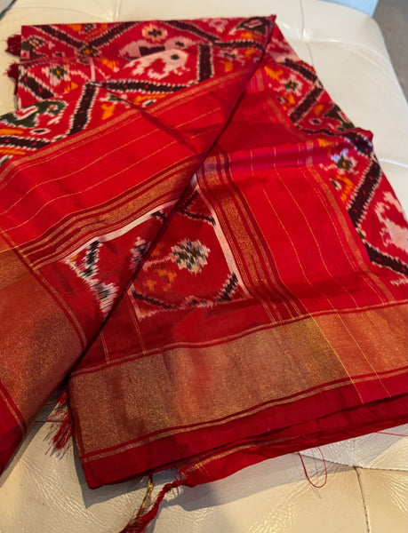 Pure Ikkat Double Weaving Silk Red and Multicolor Saree