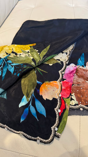 Black Multicolor Crepe digital print with pearl and Katdana borders