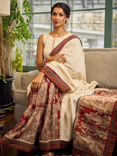 White Hakoba Cotton Saree with Rust-Red Kalamkari Print & Ajrakh Chevron Border