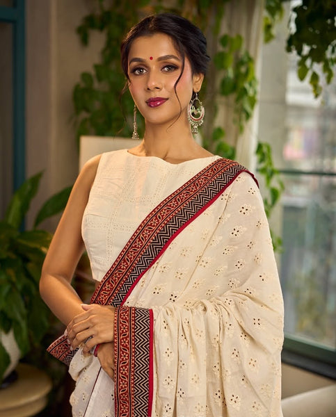 White Hakoba Cotton Saree with Rust-Red Kalamkari Print & Ajrakh Chevron Border