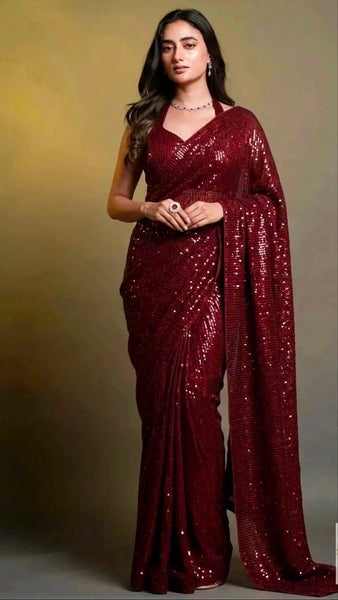 Maroon Sequin Saree with Lace Sequin border