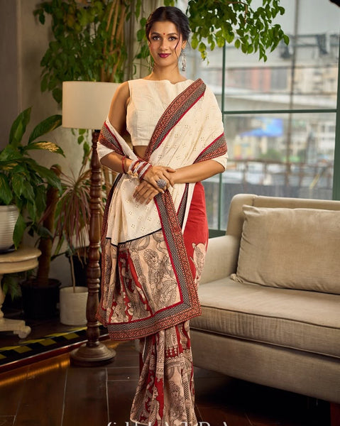 White Hakoba Cotton Saree with Rust-Red Kalamkari Print & Ajrakh Chevron Border