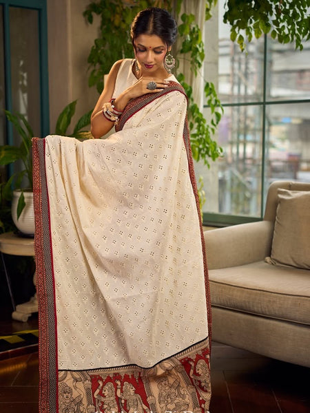 White Hakoba Cotton Saree with Rust-Red Kalamkari Print & Ajrakh Chevron Border