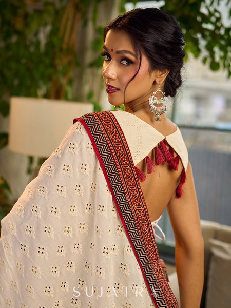 White Hakoba Cotton Saree with Rust-Red Kalamkari Print & Ajrakh Chevron Border