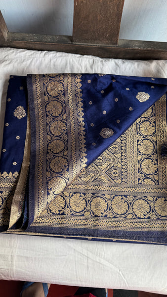 Navy Blue and Gold Pure Tussar Crepe Silk Saree