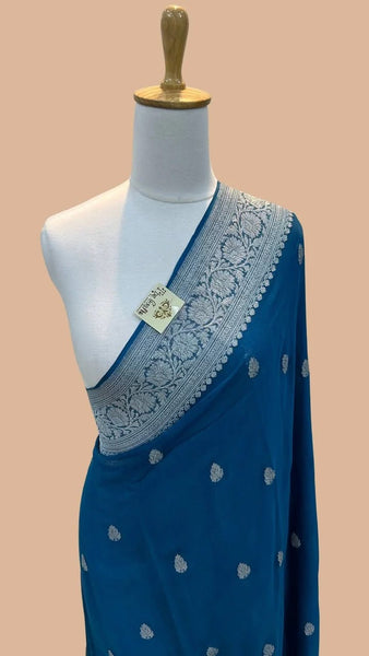 Deep Teal Blue and Silver Pure Handwoven Khaddi Banarasi Chiffon Georgette Saree