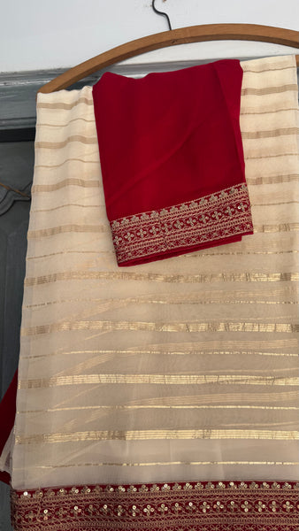 White and Red Georgette Chiffon Zardosi Saree
