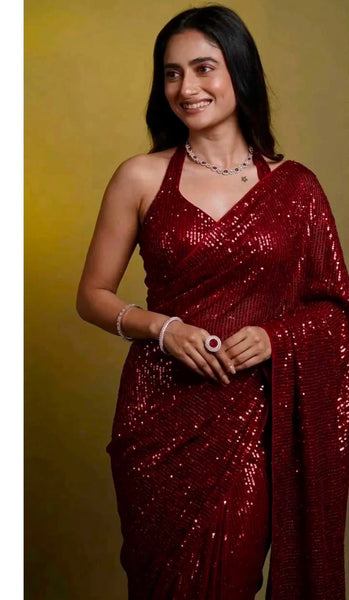 Maroon Sequin Saree with Lace Sequin border