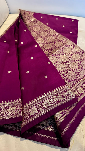 Soft Silk Purple Saree with Golden Zari Butta's
