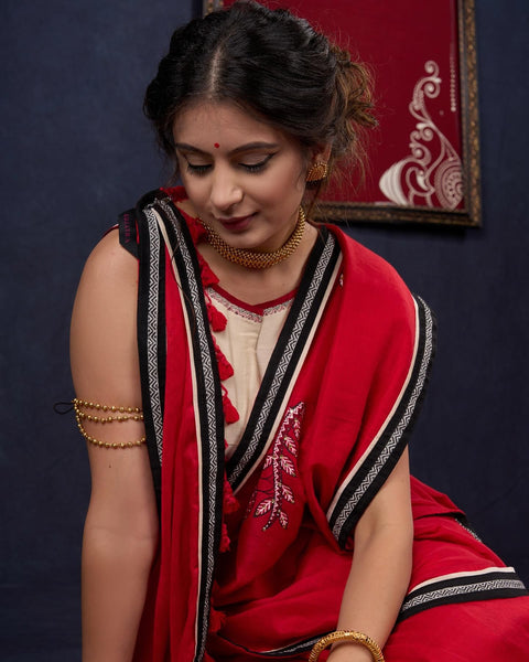 Red Handpainted Bengal Cotton Saree