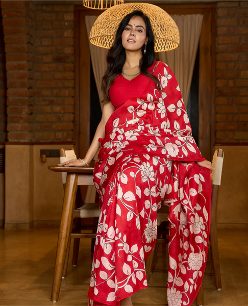 PURE SILK SAREE FEATURING TIMELESS KALAMKARI FLORAL ARTWORK