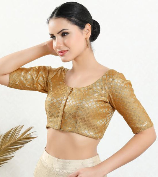 Women's Brocade Padded Front Open Elbow-Sleeves Saree Blouse