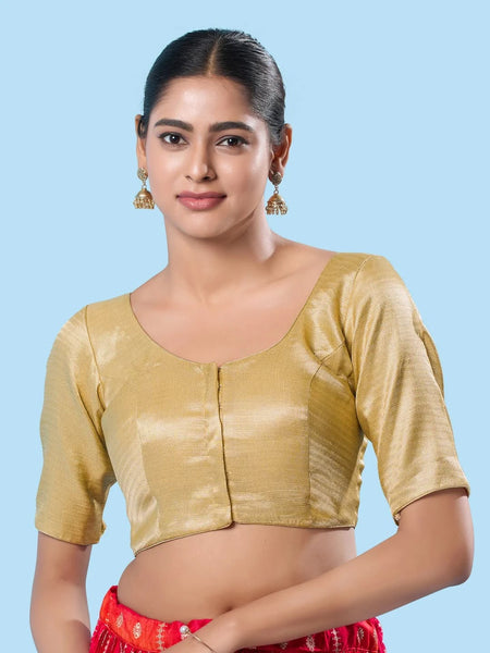 Women's Shimmer Padded Front Open Elbow-Sleeves Saree Blouse