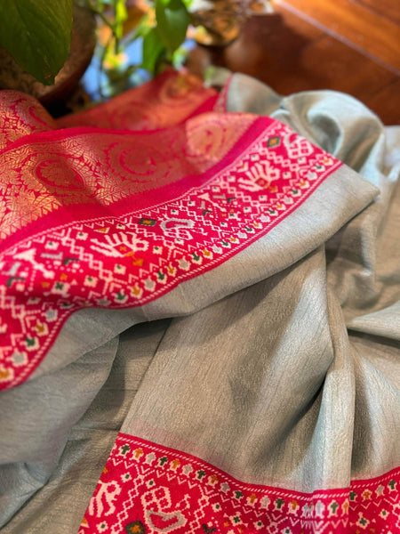 Mint Green and Hot Pink Patola print matka tussar silk cotton fabric with embossed design