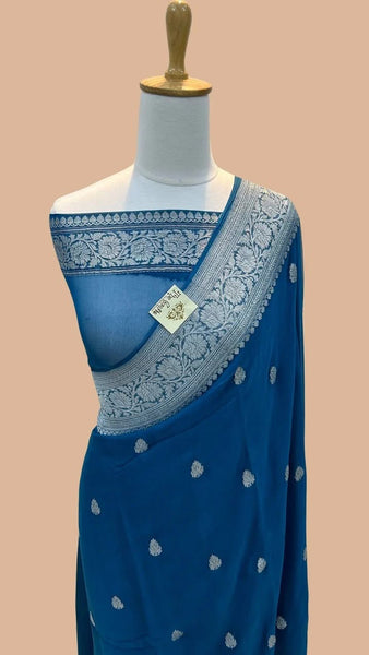 Deep Teal Blue and Silver Pure Handwoven Khaddi Banarasi Chiffon Georgette Saree