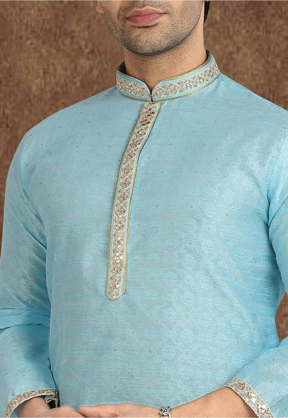 Silk Jacquard Kurta Set in Light Blue