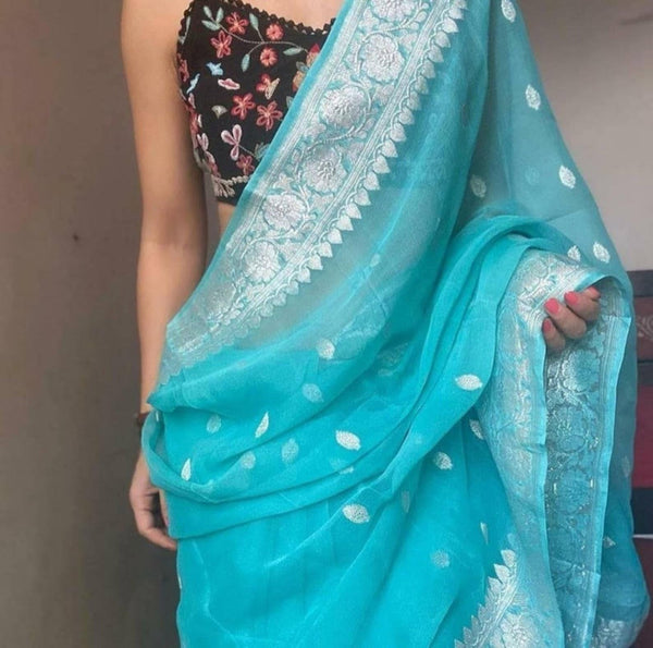 Pure SkyBlue and Silver Handwoven Khaddi Banarasi Chiffon Georgette Saree