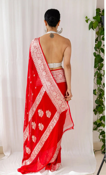 Pure Handwoven Red Khaddi Georgette Chiffon Saree