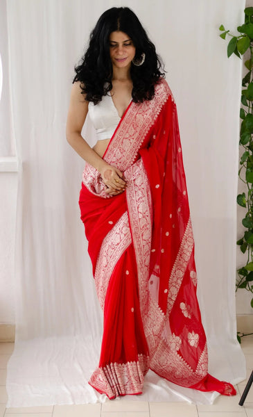 Pure Handwoven Red Khaddi Georgette Chiffon Saree