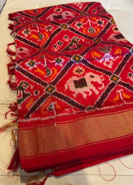 Pure Ikkat Double Weaving Silk Red and Multicolor Saree