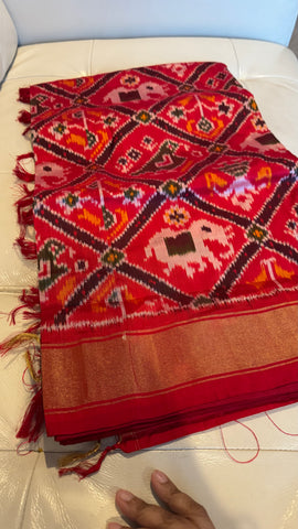 Pure Ikkat Double Weaving Silk Red and Multicolor Saree