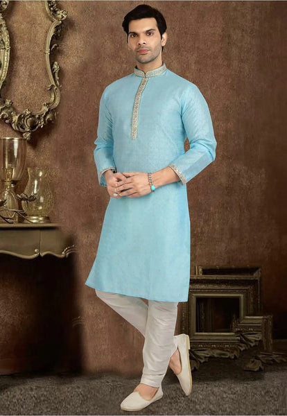 Silk Jacquard Kurta Set in Light Blue