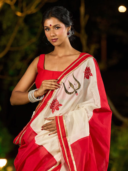 Ivory Chanderi Saree with Red-Gold Border & Hand-Painted Pujo Special Pallu