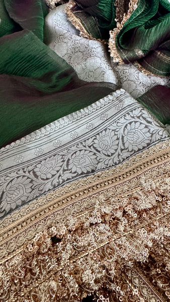 Iridescent Green Tissue Banarasi Brocade Silk Saree