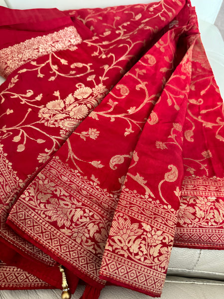 Red and Gold Munga Banarasi Silk Saree