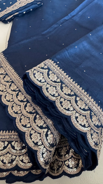 Midnight Blue Tussar Silk Saree with Zardosi Border