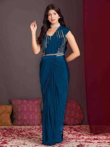 Pre-Stitched One Minute Ready to Wear Lycra Electric Blue Saree