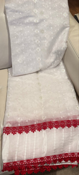White Dhakai jamdani with Red Lace Border