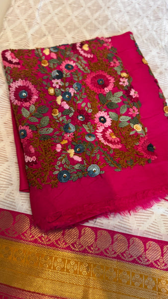 White Soft Silk Saree with French Knots and Kantha Stitch with Zari Border