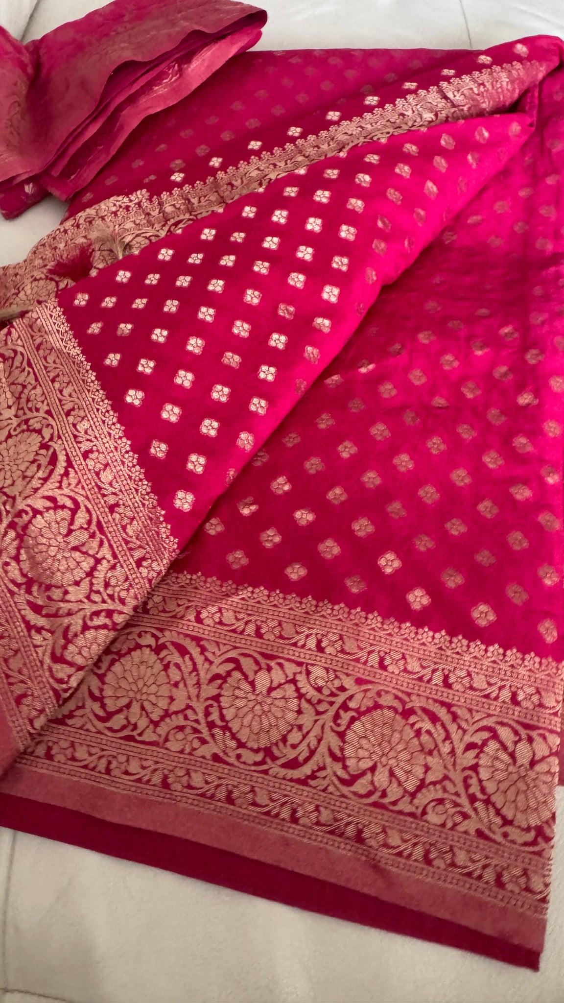 Rani Hot Pink Gold Khadi Banarasi Chiffon Georgette Saree