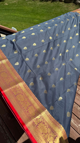 Midnight Navy Blue Grey Blended Silk Saree with Antique Gold Zari Border & Red Contrast Accents