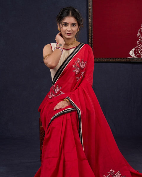 Red Handpainted Bengal Cotton Saree