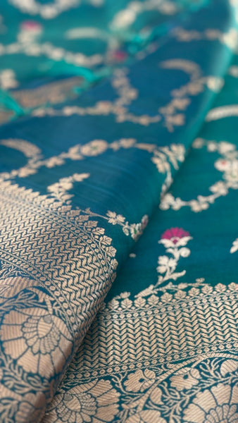 PEACOCK BLUE FLORAL SILK SAREE with SILVER ZARI BORDER