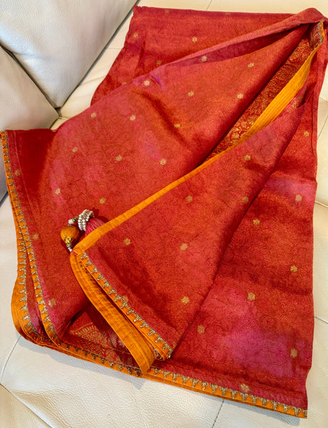 Coral Pink and Orange Katan Tanchoi Silk Saree