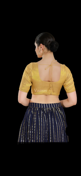 Gold Shimmer Padded Front Open Elbow Sleeves Saree Blouse